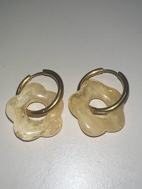 Gold Hoop Earrings with Cream Flower Charms - Women Jewelry